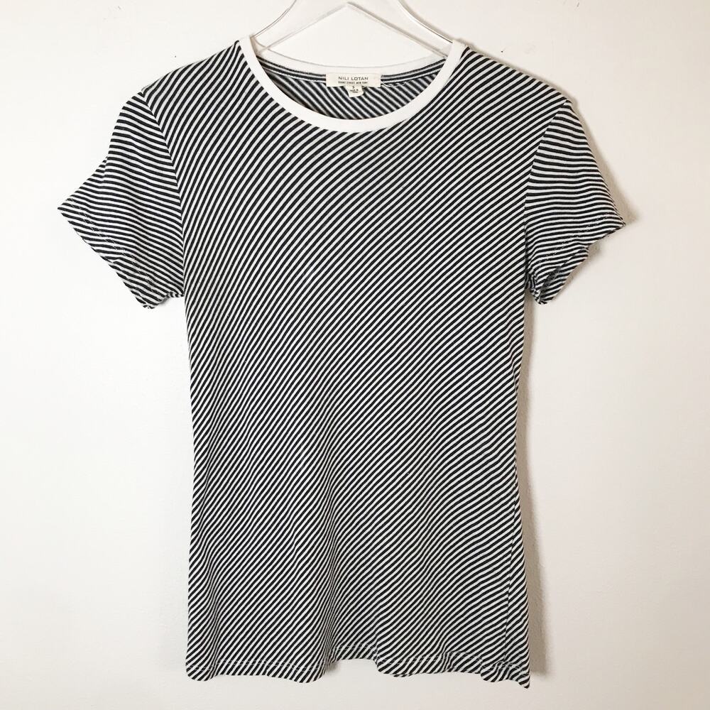 Nili Lotan Lana Striped Crewneck T-Shirt Navy White Cotton Short Sleeve Size S